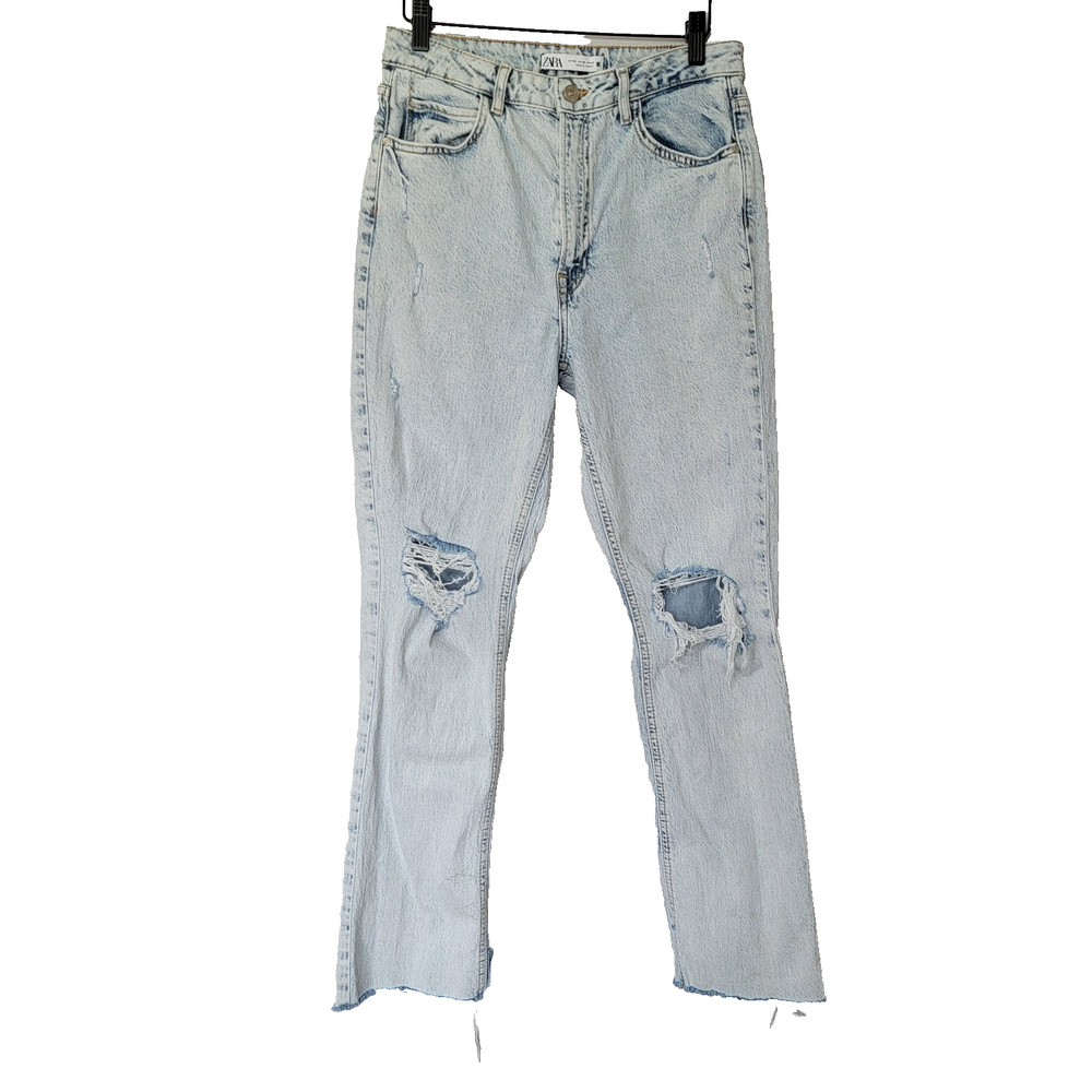 Zara Straight Leg High Rise Distressed Acid Wash Raw Hem Jeans Sz 6 28x28 Grunge